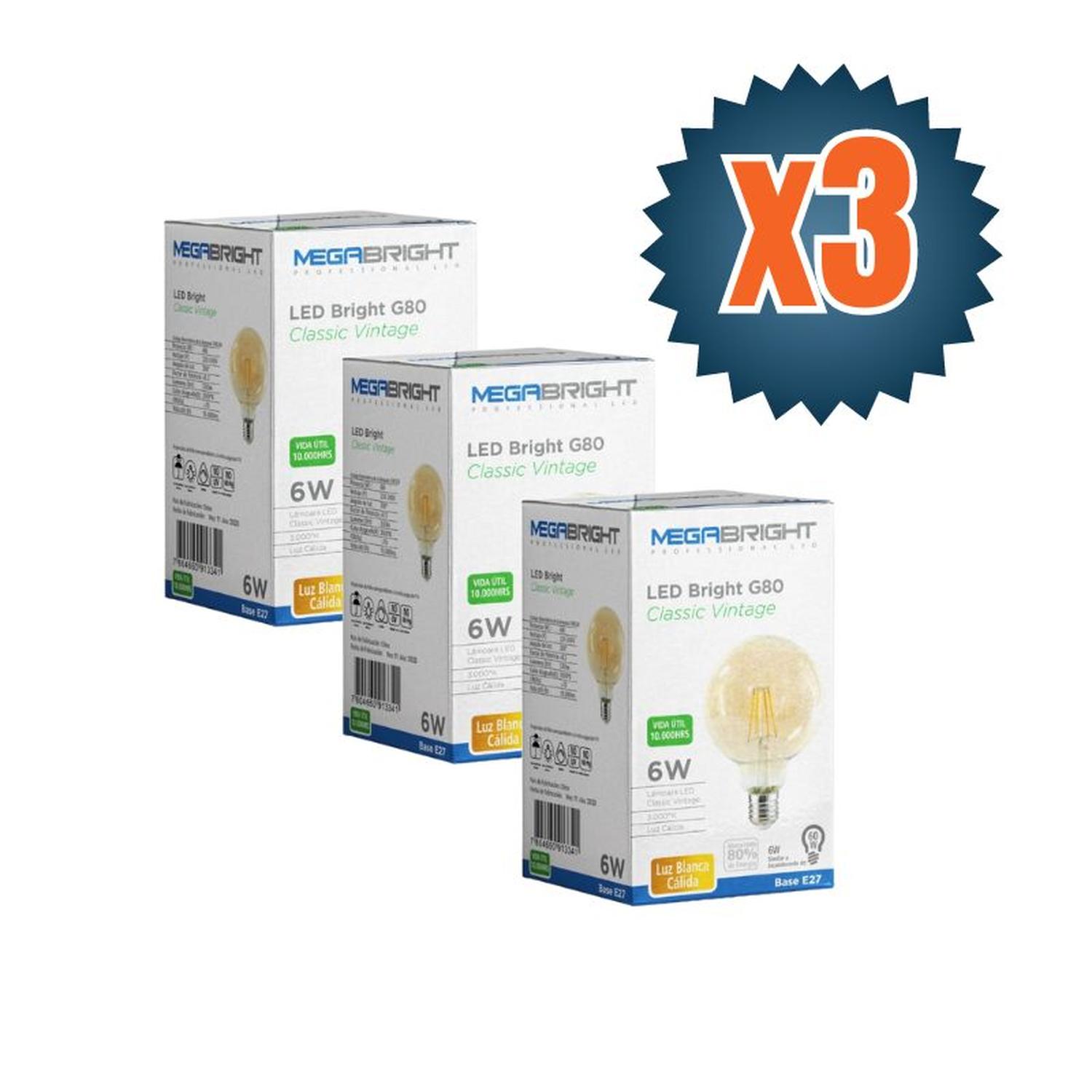 Pack 3un Ampolleta LED Bright Classic Vintage G80 6W 3000K - Imagen 2