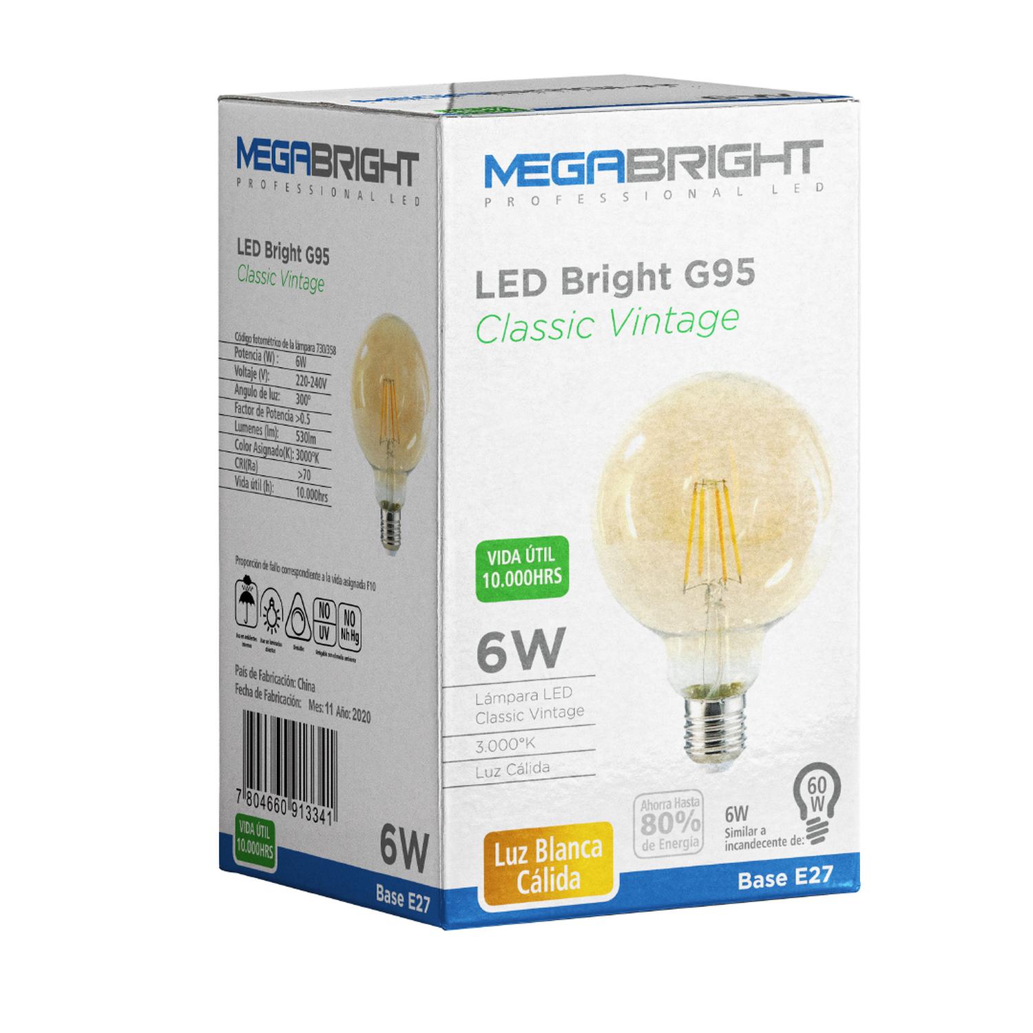 Ampolleta Led Bright Classic Vintage G95 6W Luz Blanca Cálida 3000K - Imagen 2