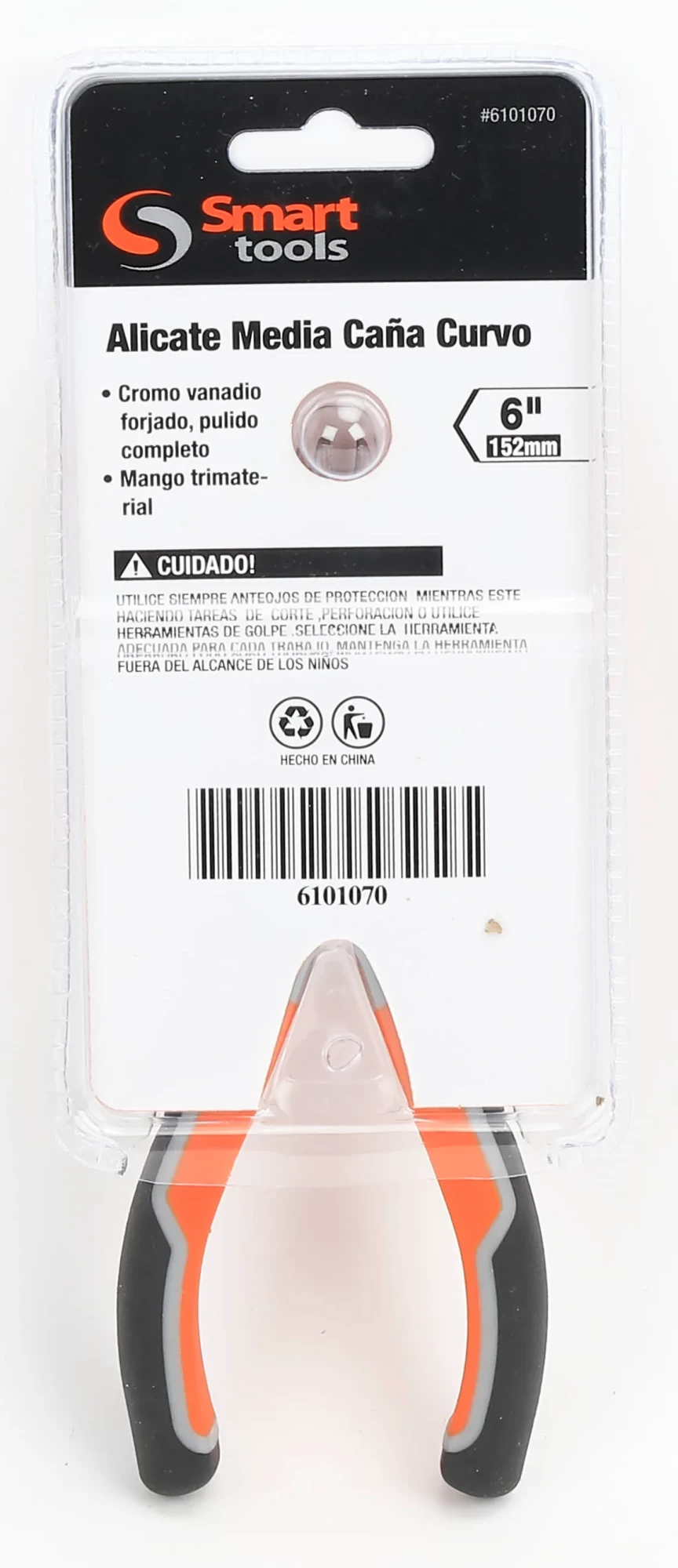 Alicate punta curva de 6" cr/v, robusto y ergonómico, ideal para trabajos precisos en ferretería y mantenciones.