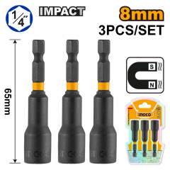 Adaptador magnético de impacto 1/4" DR, juego 3 piezas 8 mm. Precisión y durabilidad.