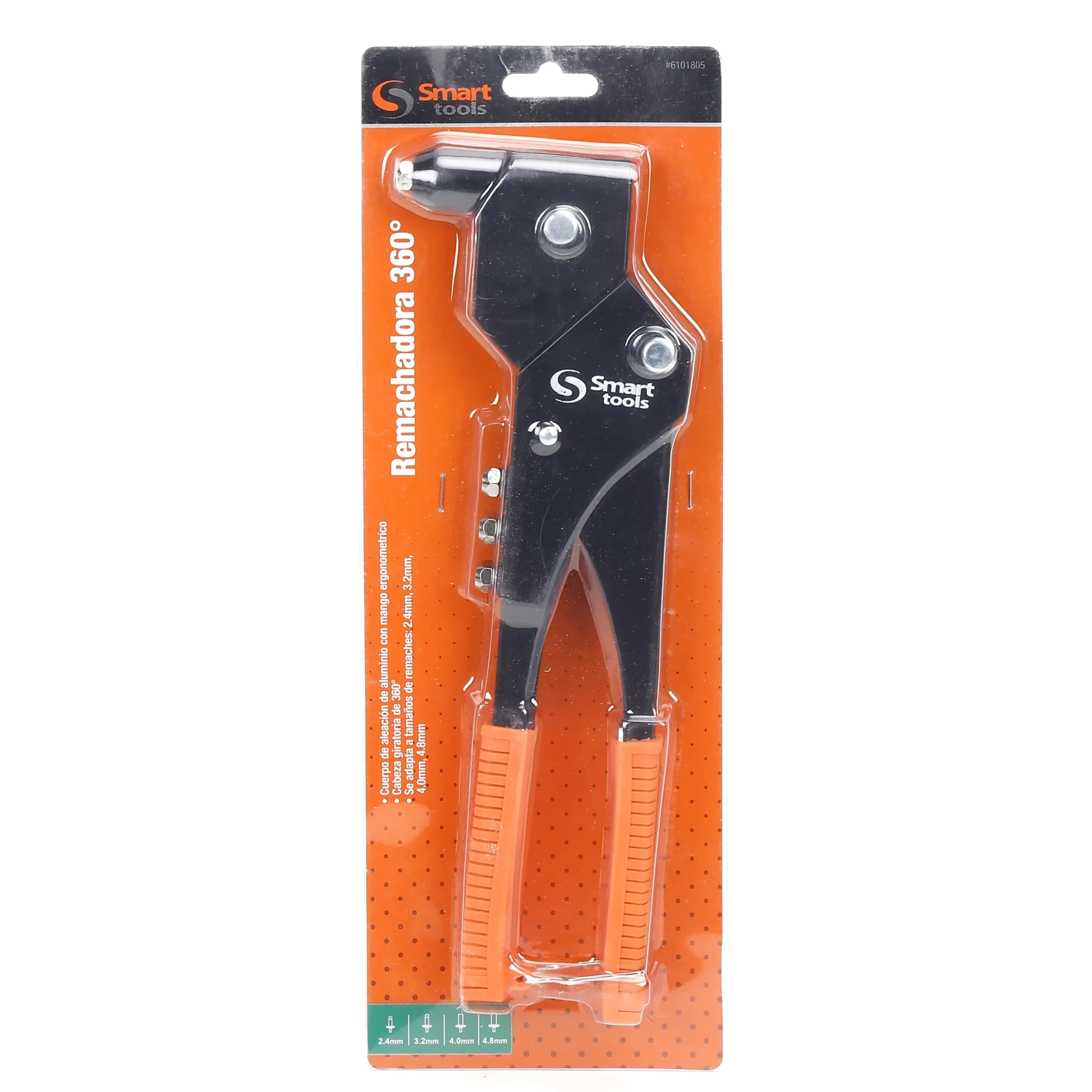 Remachadora de 290 mm con cabeza giratoria 360°, durable y versátil para trabajos de ferretería y mantenimiento.
