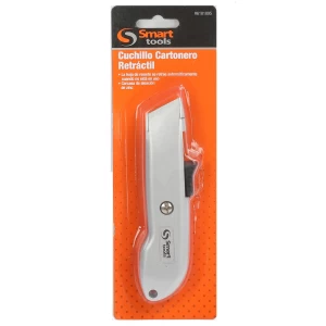 Cuchillo cartonero retráctil de seguridad, con hoja de acero inoxidable y diseño ergonómico para cortes precisos y seguros.