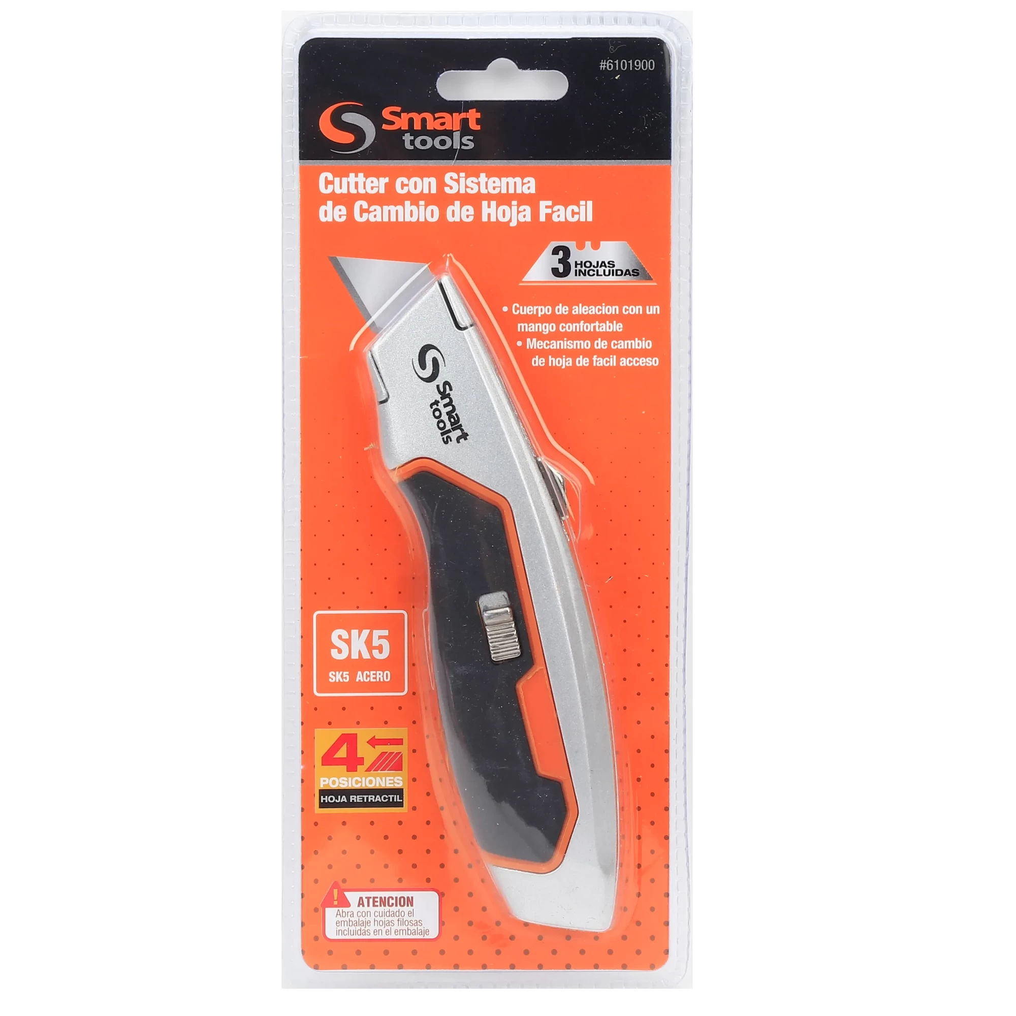 Cuchillo retráctil robusto y ergonómico con mango de aluminio y fibra, ideal para cortes precisos y seguro en ferretería.