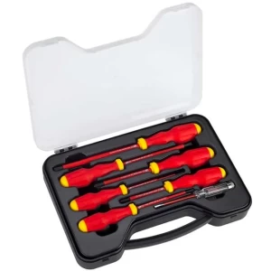 Juego de destornilladores aislados hasta 1000V, seguro y ergonómico, ideal para trabajos eléctricos.