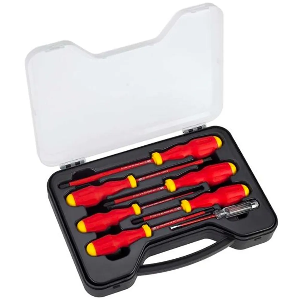 Juego de destornilladores aislados hasta 1000V, seguro y ergonómico, ideal para trabajos eléctricos.