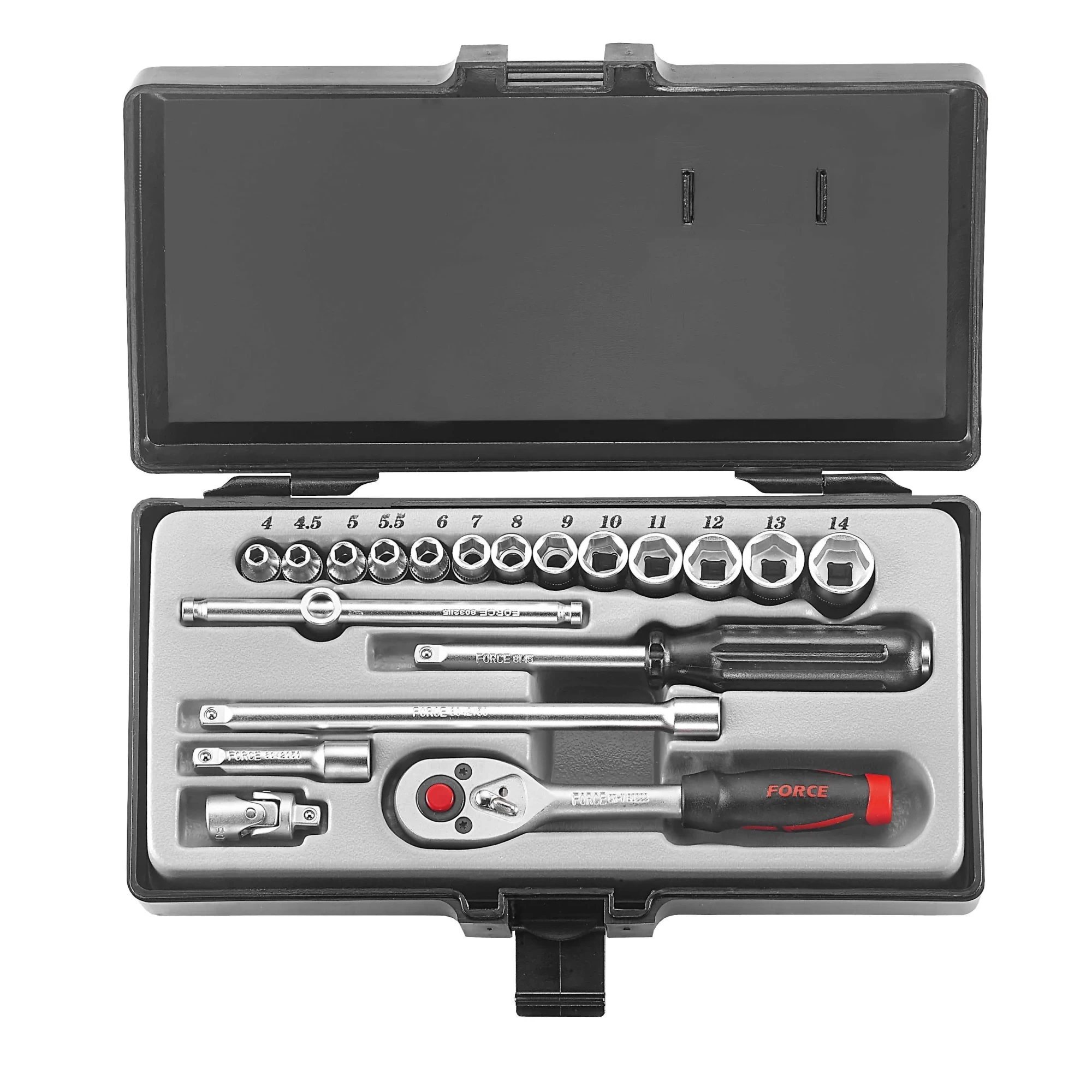 Juego de dados 1/4" de 4-14 mm, ideal para trabajos mecánicos, resistente y duradero.