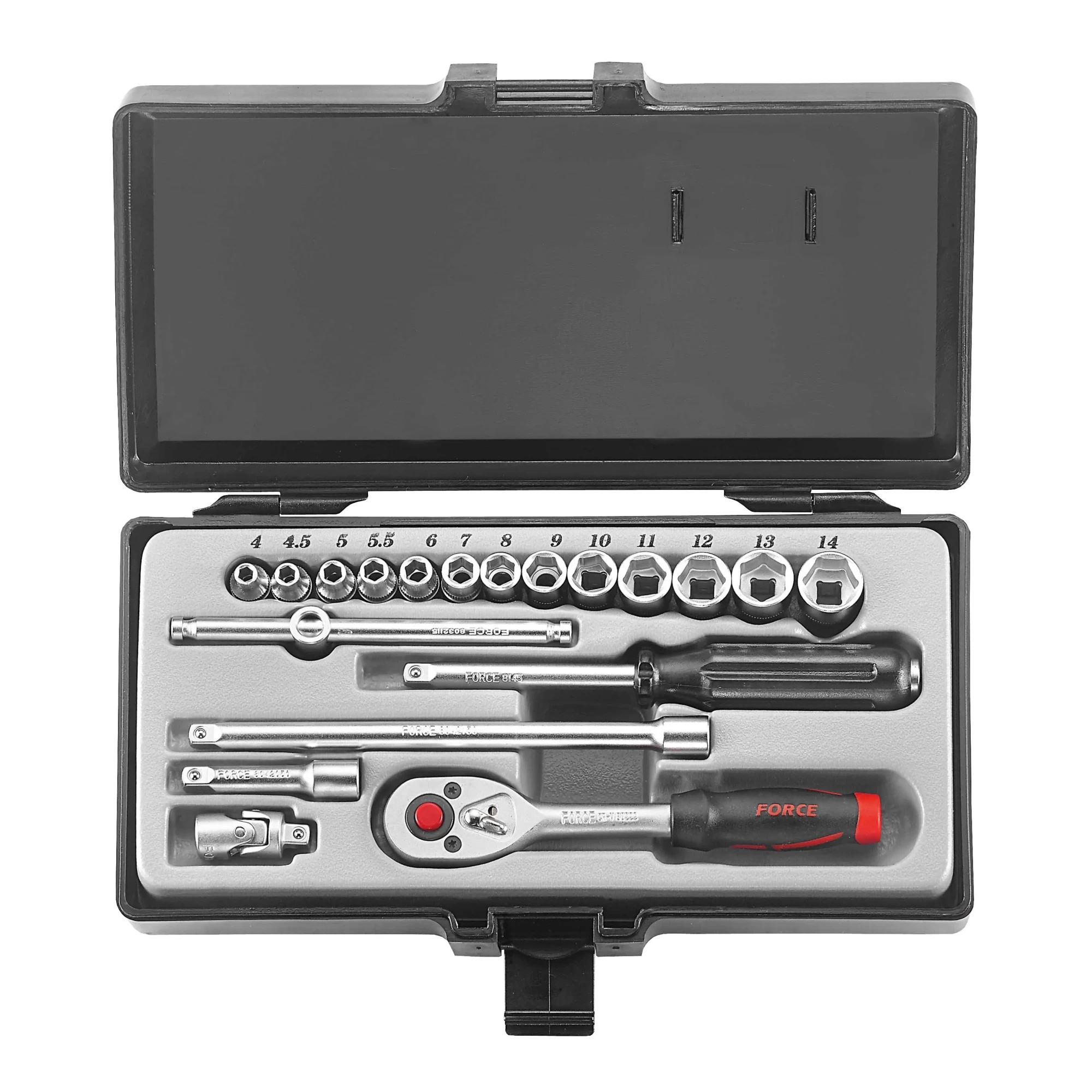 Juego de dados 1/4" 4-14 mm. (2203-5), ideal para mecánicos y aficionados, versátil y duradero.