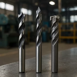 Brocas para madera, metal y concreto en entorno industrial profesional