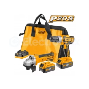 Kit INGCO inalámbrico 20V con esmeril angular, taladro, baterías y bolso