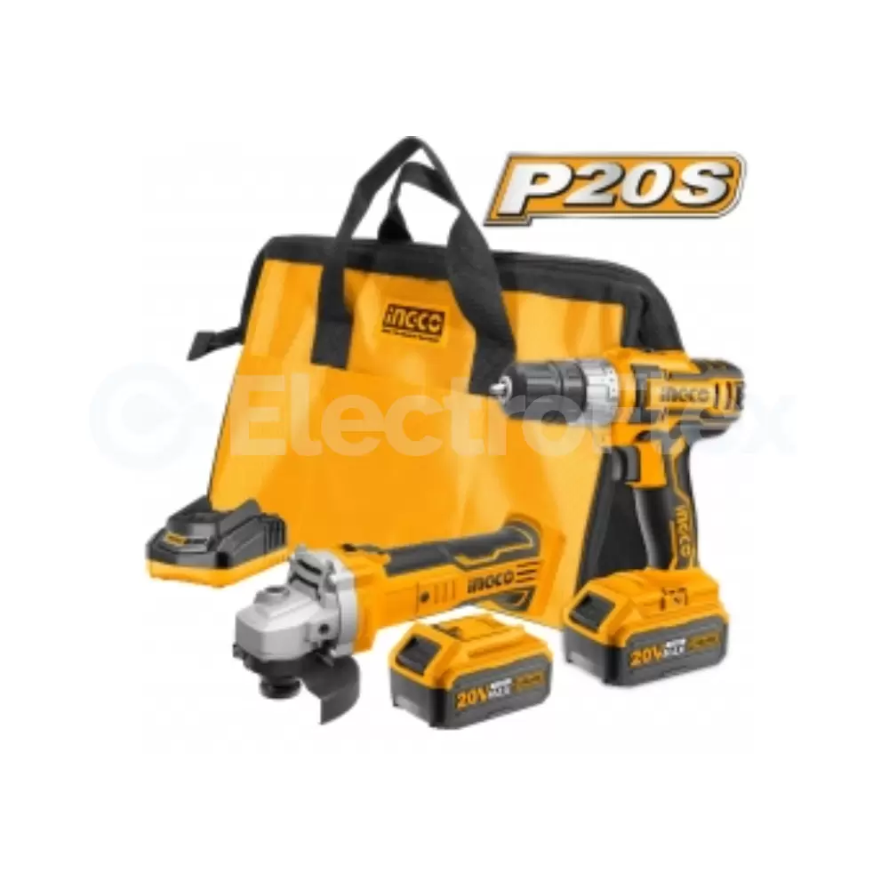Kit INGCO inalámbrico 20V con esmeril angular, taladro, baterías y bolso