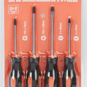 Juego de destornilladores PH/PL 4 pzs. CR-V, resistente y ergonómico para uso profesional y doméstico.