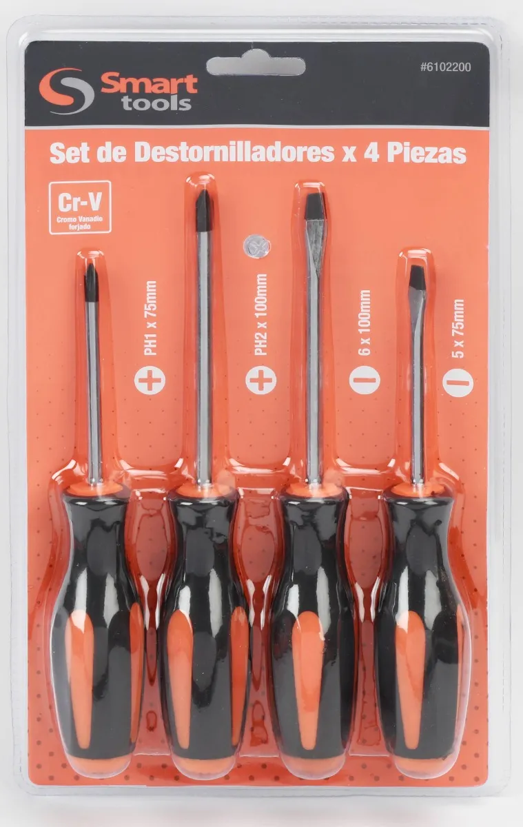Juego de destornilladores PH/PL 4 pzs. CR-V, resistente y ergonómico para uso profesional y doméstico.